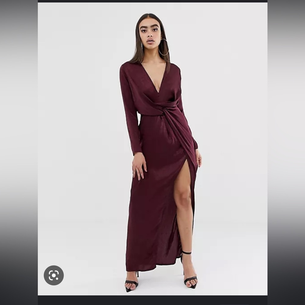 Missguided Satin Maxi Dress with Twist Front and Slit in Burgundy